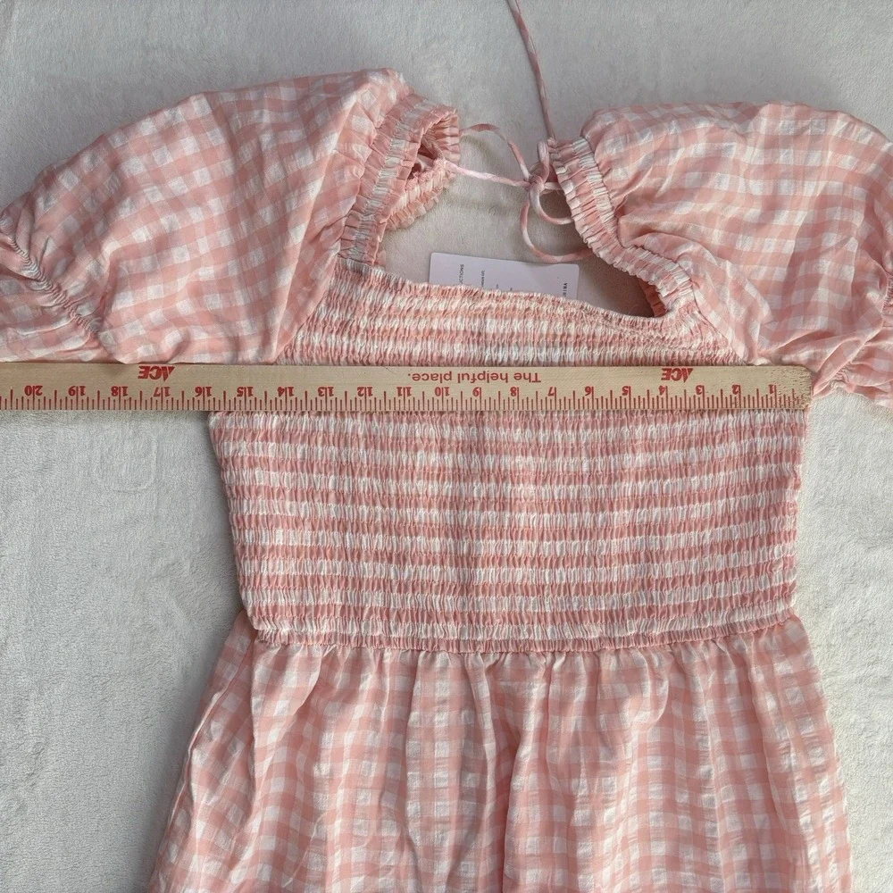 ZESICA Pink White Plaid Gingham Maxi Dress NWT Smocked Tiered Size L - Picture 8 of 12